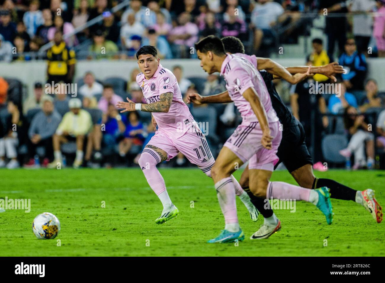 Los Angeles, USA. September 2023. Facundo Farias (11) von Inter Miami CF, die während des MLS-Spiels zwischen Los Angeles FC und Inter Miami CF im BMO-Stadion in Los Angeles zu sehen waren. Stockfoto