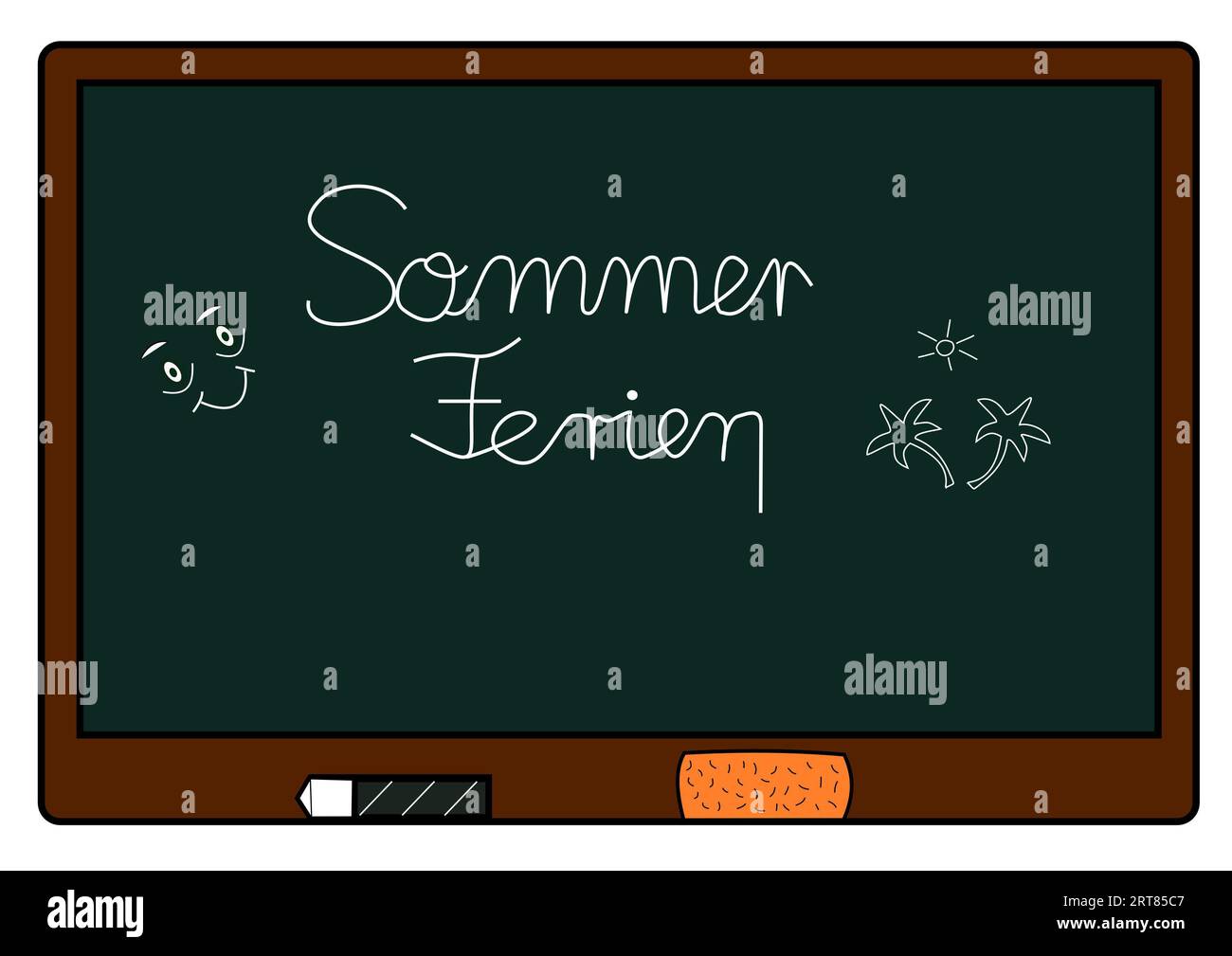 Auf der Tafel stehen Sommerferien, Gesicht und Palmen mit Sonne, digitale Zeichnung Stockfoto