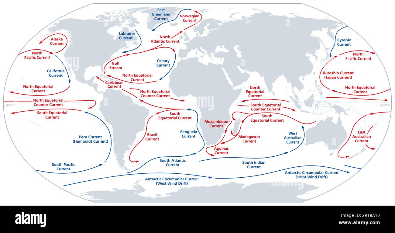 Weltkarte der wichtigsten Meeresströmungen. Kontinuierliche, gerichtete Bewegung des Meerwassers, das durch auf das Wasser einwirkende Kräfte wie Wind, Temperatur usw. erzeugt wird Stockfoto