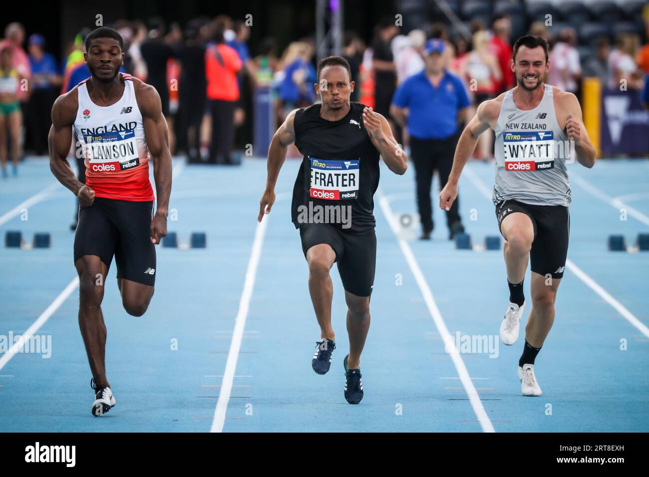 MELBOURNE, AUSTRALIEN, 9. FEBRUAR: Michael Frater vom Team Bolt All Stars in den Herren 100m in Night 2 der Nitro Athletics am 9. Februar 2017 Stockfoto