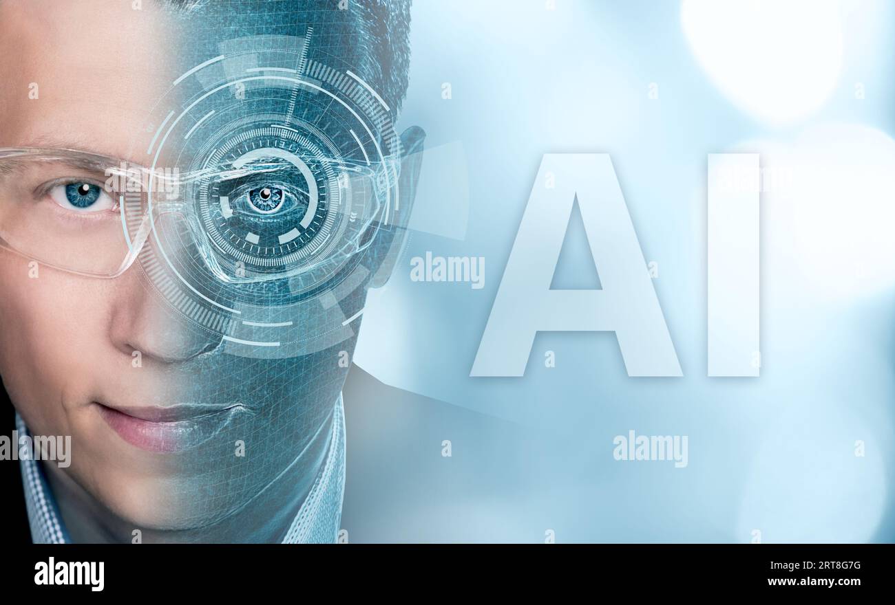 Porträt eines Mannes mit Brille. Halbgesicht im Cyberspace. Konzept der künstlichen Intelligenz. Stockfoto