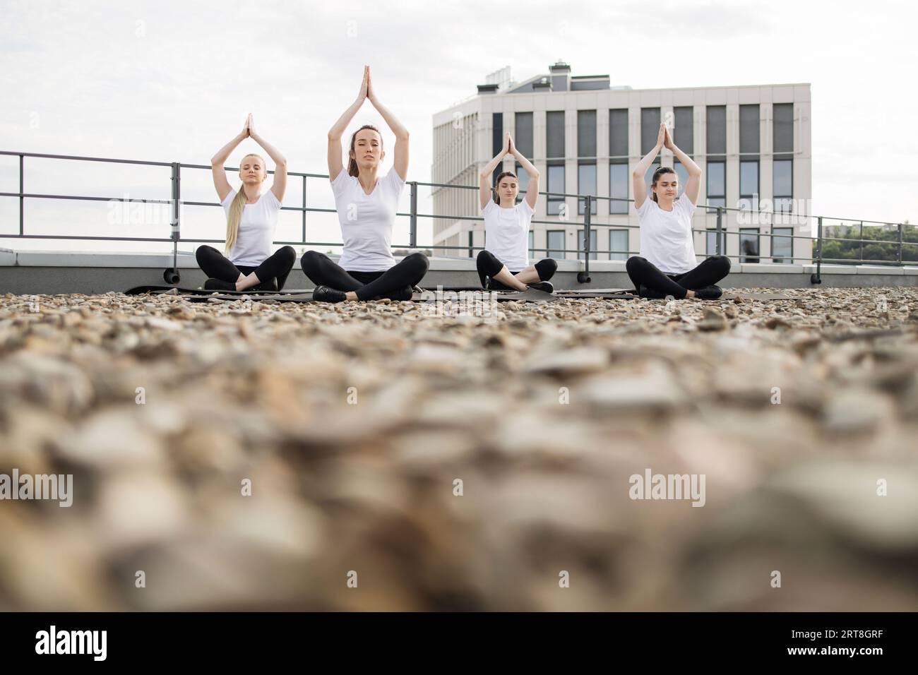 Erwachsene, die sich im Yoga-Kurs im Freien in sitzender Position ausstrecken Stockfoto