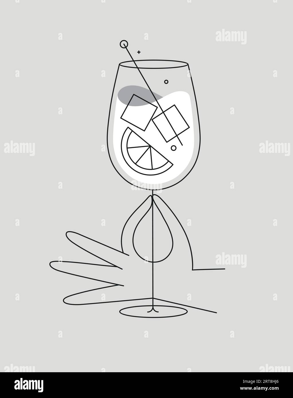 Hand hält Glas Spritz Cocktail Zeichnung in flacher Linie auf grauem Hintergrund Stock Vektor