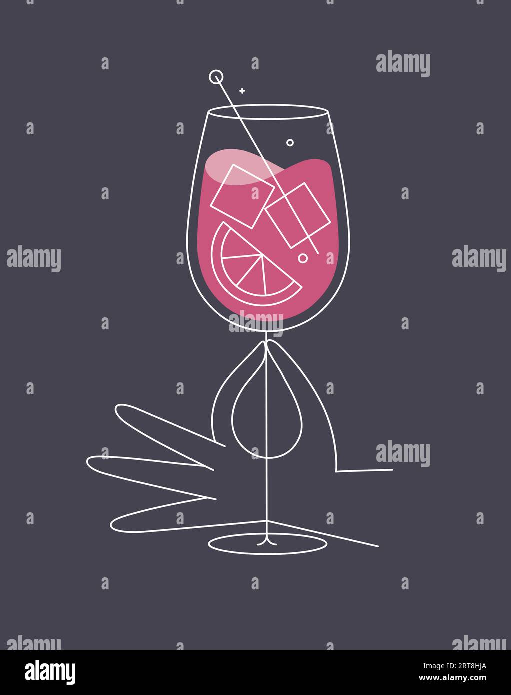 Hand hält Glas Spritz Cocktail Zeichnung in flacher Linie auf dunkelblauem Hintergrund Stock Vektor