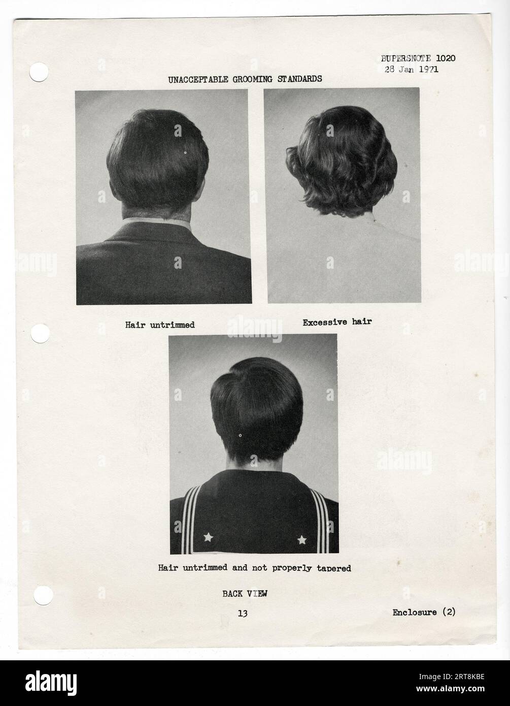 Hinweis des U.S. Navy Bureau of Personnel, in dem die „Acceptable Grooming Standards“ aufgeführt sind, die 1971 an alle Marinestützpunkte und Schiffe gesendet wurden. Stockfoto