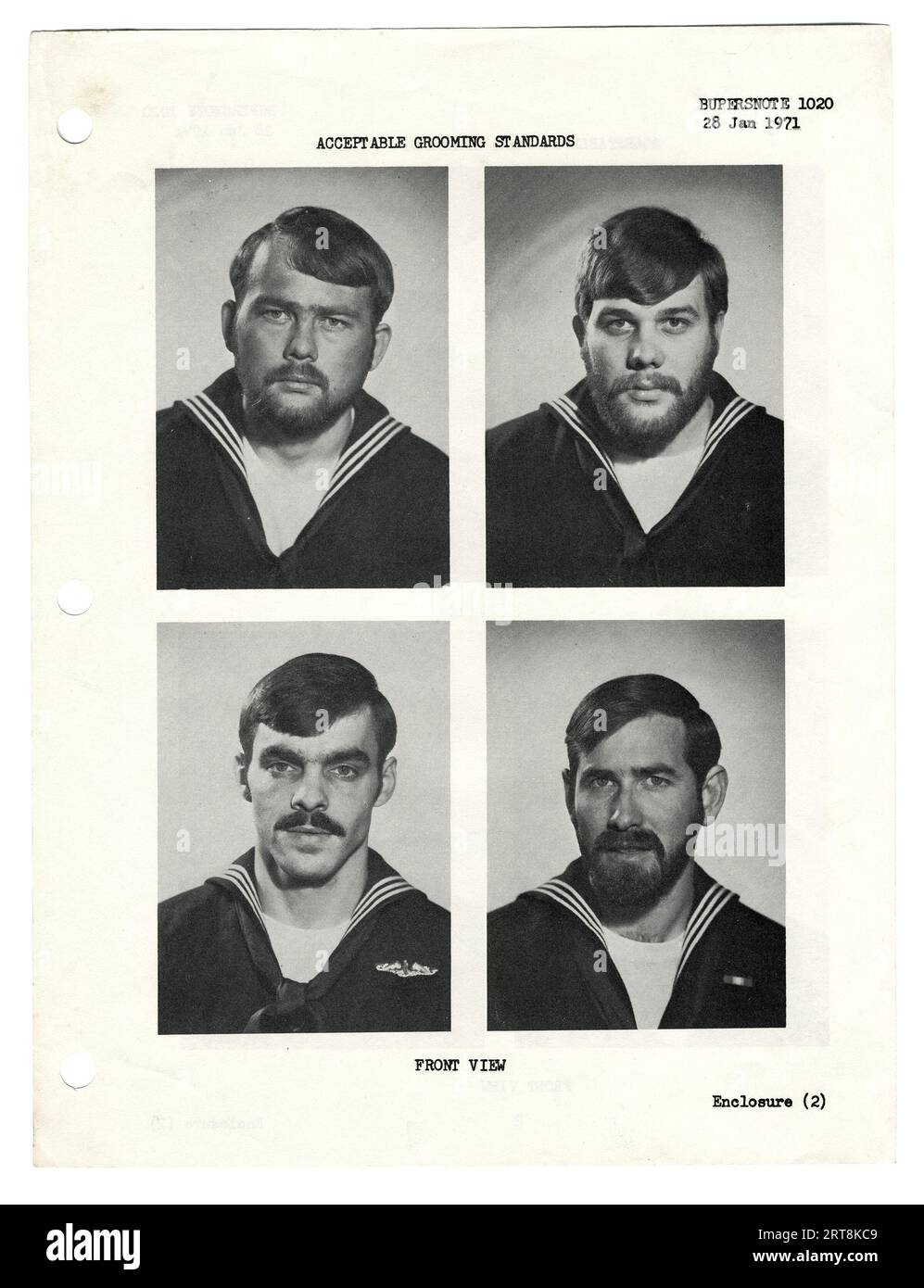 Hinweis des U.S. Navy Bureau of Personnel, in dem die „Acceptable Grooming Standards“ aufgeführt sind, die 1971 an alle Marinestützpunkte und Schiffe gesendet wurden. Stockfoto