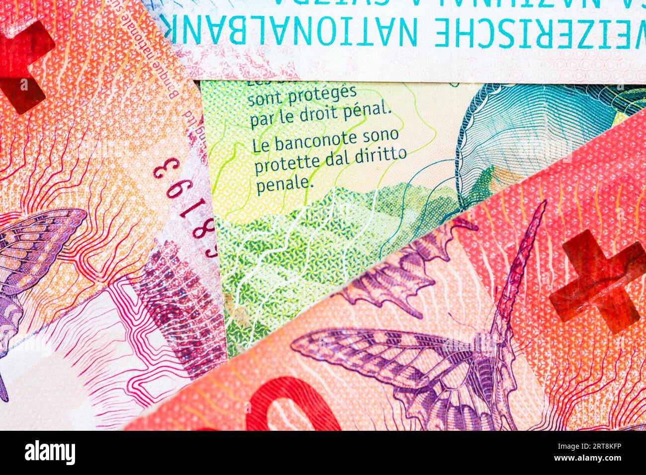 CHF Währung inmitten der Schweizer Inflationsprobleme Stockfoto