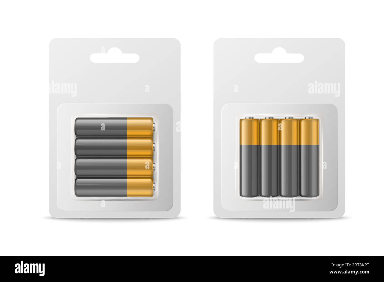 Vector 3d realistische vier-Alkali-Batterie in Papierblase Symbol Set Nahaufnahme isoliert. AA-Größe, horizontale und vertikale Position. Konstruktionsvorlage für Stock Vektor