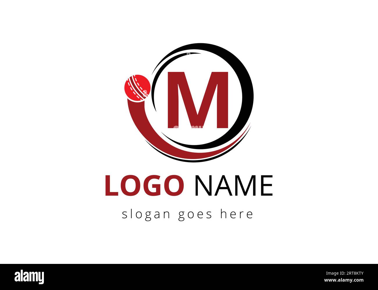 Cricket-Logo „M“ mit beweglichem Cricket-Ball-Symbol. Für Cricket Club Symbol Vektor Vorlage Stock Vektor