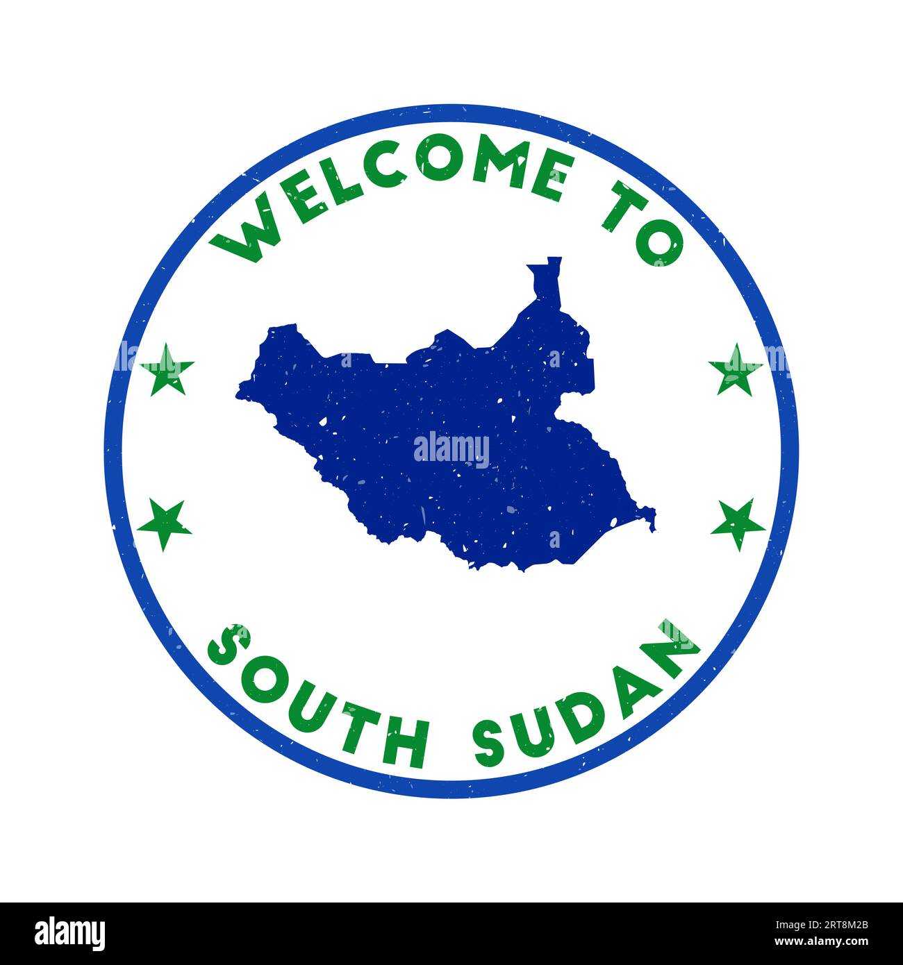 Willkommen bei Südsudan Stempel. Grunge Country Round Stempel mit Textur in Broccoli Paradise Farbmotiv. Geometrisches Südsudan-Siegel im Vintage-Stil. Stock Vektor