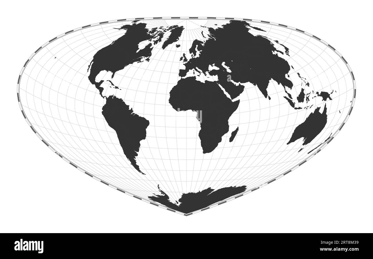 Vektor-Weltkarte. Untere Projektion. Einfache geografische Weltkarte mit Breiten- und Längengraden. Zentriert auf 0 Grad Längengrad. Stock Vektor