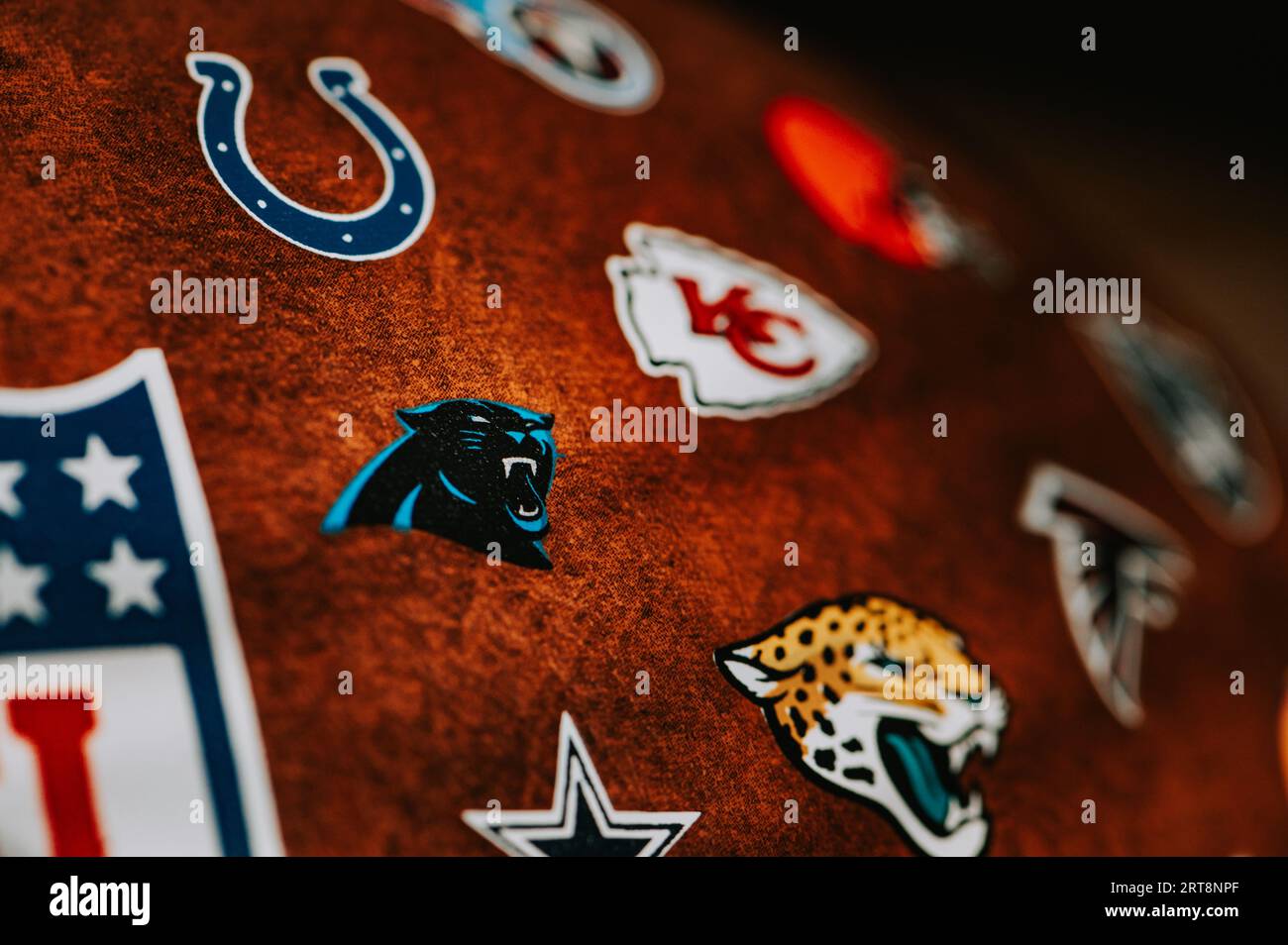 NEW YORK, USA, 11. SEPTEMBER 2023: Carolina Panthers Logo auf dem NFL-Ball aus dem Leder. Detaillierte Makroansicht Stockfoto