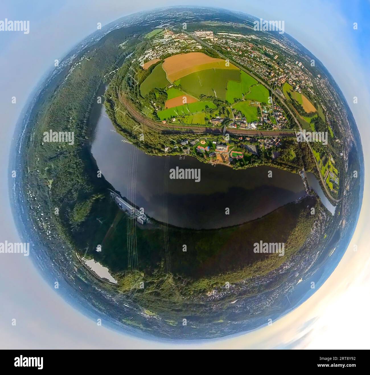 Luftaufnahme, Hengsteysee und Strandhaus, Blick auf Hagen, Kugel, Fischaugenaufnahme, 360°-Aufnahme, winzige Welt, Boele, Hagen, Ruhrgebiet, Nordrhein-Westph Stockfoto