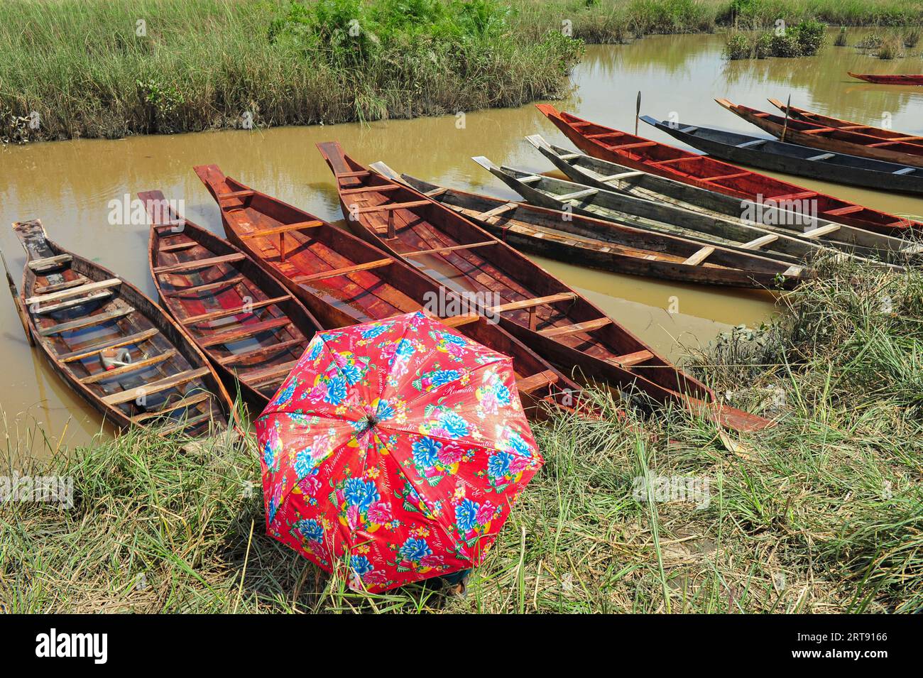 Sylhet, Bangladesch. September 2023. Holzboote werden im Salutikar Bazar von Sylhet, Bangladesch, zum Verkauf angeboten. Die Preise für Boote liegen zwischen 3.000 TK und 000 TK. Die Nachfrage nach diesen Booten bleibt in den ländlichen Tieflagen seit Beginn der Regenzeit unverändert, und die Boote erhielten in dieser Zeit den Hauptverkehrsträger. Dieser rund 100 Jahre alte Markt in Sylhets Gowainghat ist samstags und dienstags geöffnet. September 2023 Sylhet, Bangladesch (Foto: MD Rafayat Haque Khan/Eyepix Group/SIPA USA) Credit: SIPA USA/Alamy Live News Stockfoto