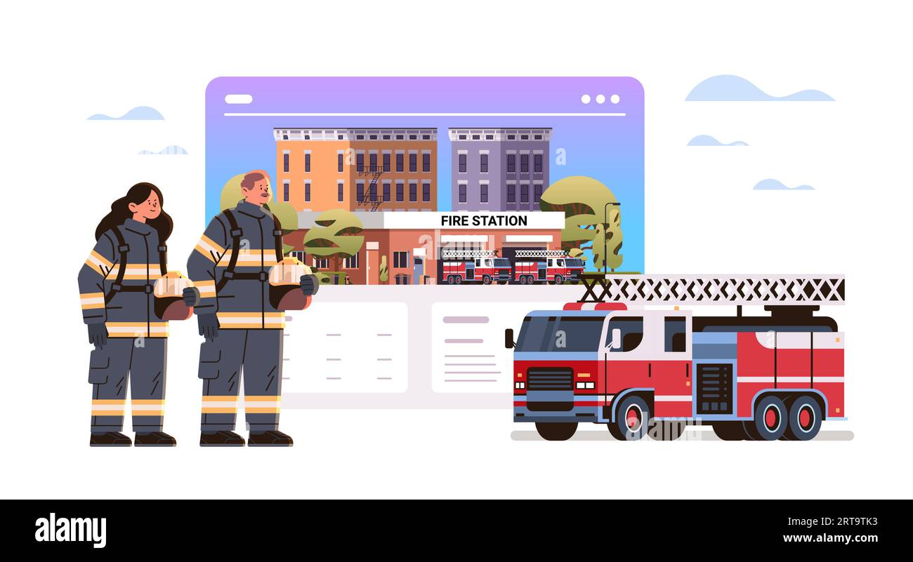 Feuerwehrleute in Uniform in der Nähe der Feuerwehrhausfassade und roter Einsatzfahrzeuge horizontal Stock Vektor