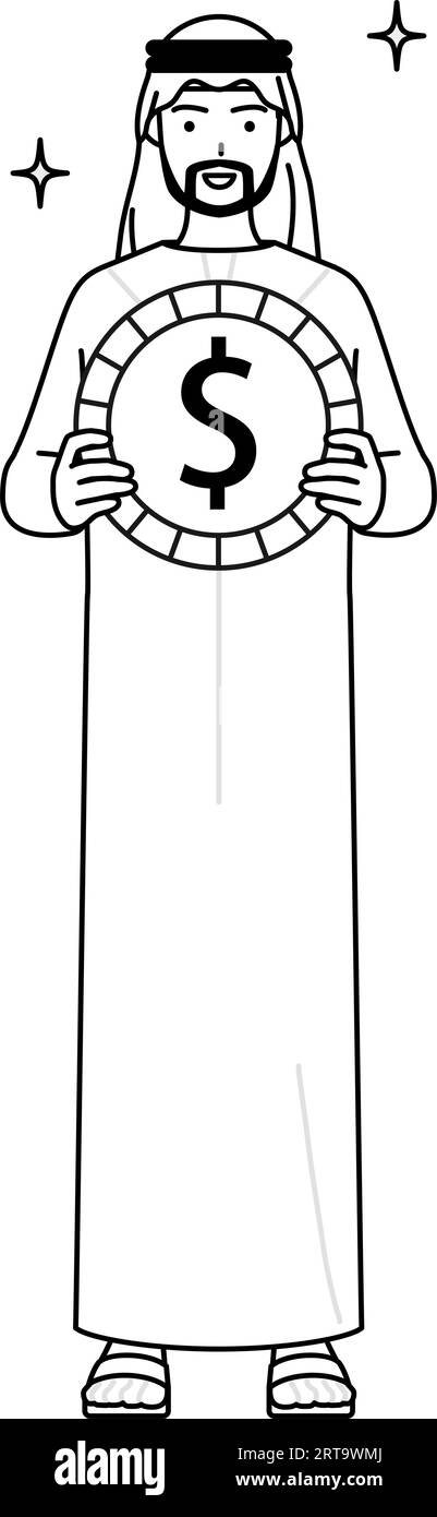 Muslimischer Mann mit Bildern von Devisengewinnen und Dollar-Aufwertung, Vektor-Illustration Stock Vektor