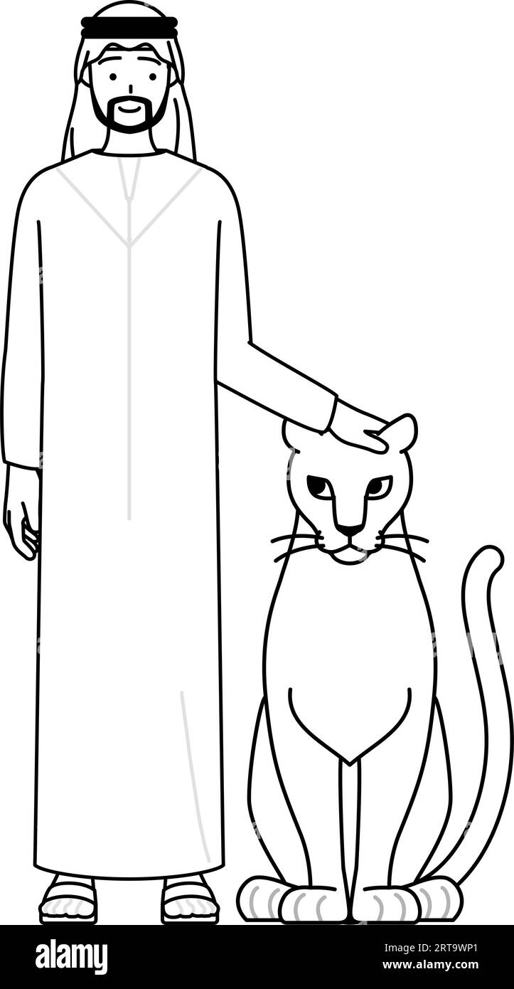 Der muslimische Mann streichelt eine Löwin, Vektor-Illustration Stock Vektor
