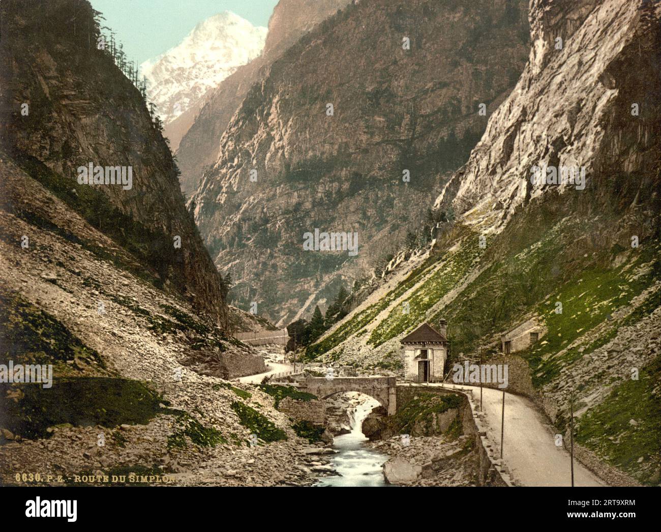 Alte Napoleon-Brücke, Gondo-Schlucht, Simplon-Pass, Wallis, Schweiz 1890. Stockfoto