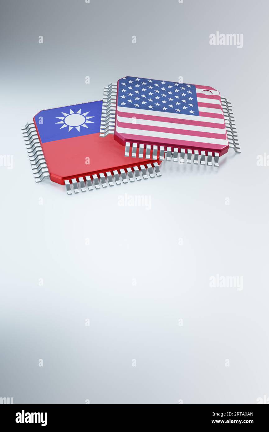 3D-Rendering von Mikrochips oder Halbleiterchips in Ländern, für die Datenverarbeitung oder die Technologie-Lieferkette. Stockfoto