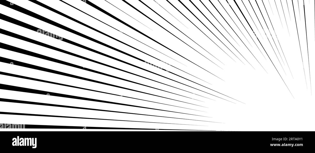 Diagonale Geschwindigkeitslinien Hintergrund. Comic-Buch Explosion Lines Wallpaper. Abstraktes Schwarzweiß-Flash-Rahmendesign. Manga- oder Anime-Cartoon-Lichtstrahl mit Sonnenschein. Pop-Art-Eckeffekt. Vektorhintergrund Stock Vektor