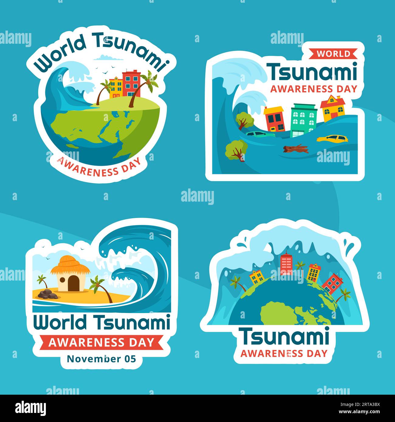 World Tsunami Awareness Day Label Flat Cartoon Hand Gezeichnete Vorlagen Hintergrund Illustration Stock Vektor