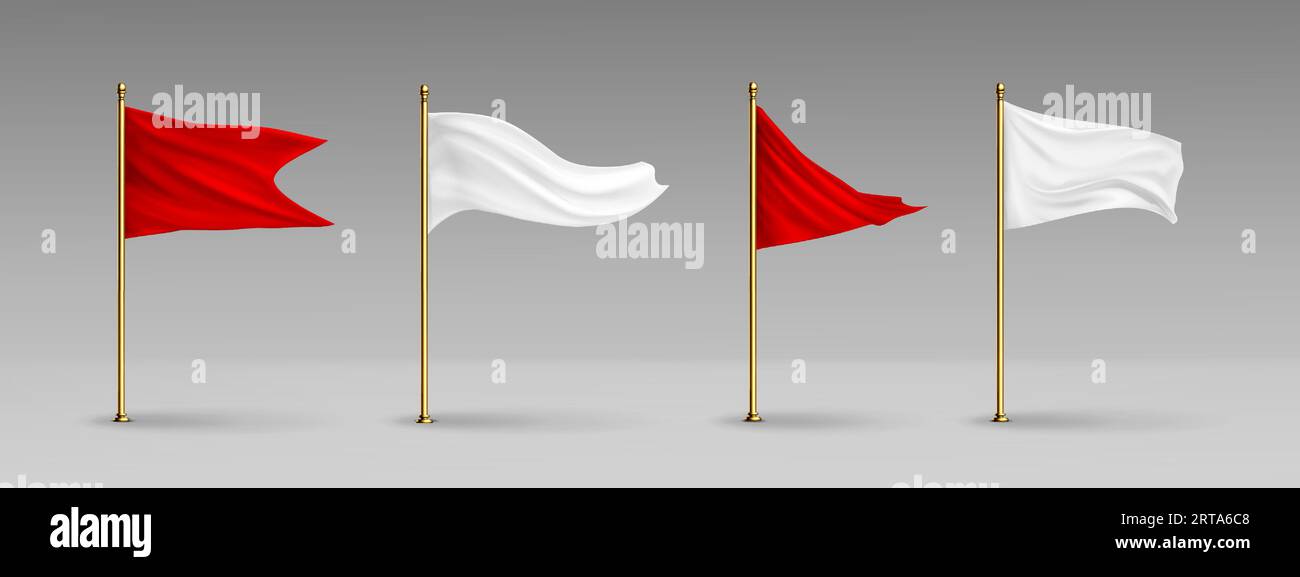 Weiße 3D-Vorlage für leeres Pol-Flag-Vektor-Modell. Isolierter, realistischer Stoffständer mit Wellenwind und goldener Metallsäule für Sport-Promo und Werbeillustration. Roter Wimpel aus Leinwand, der auf dem Stock winkt Stock Vektor