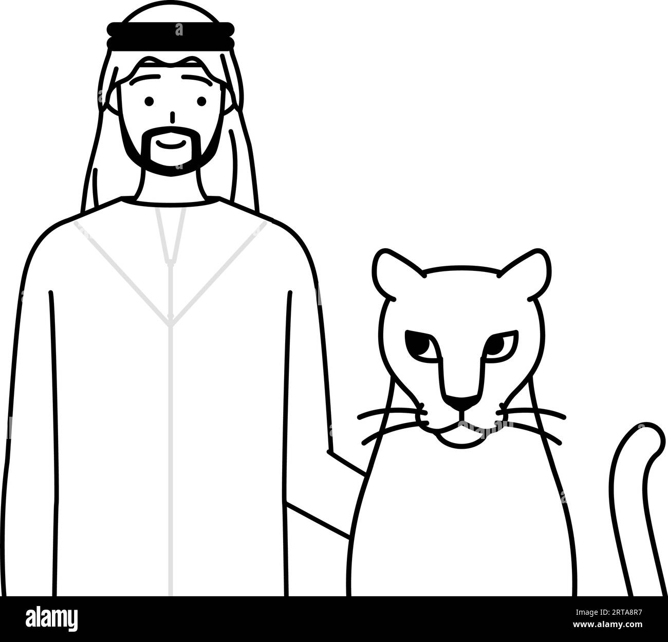 Der muslimische Mann streichelt eine Löwin, Vektor-Illustration Stock Vektor