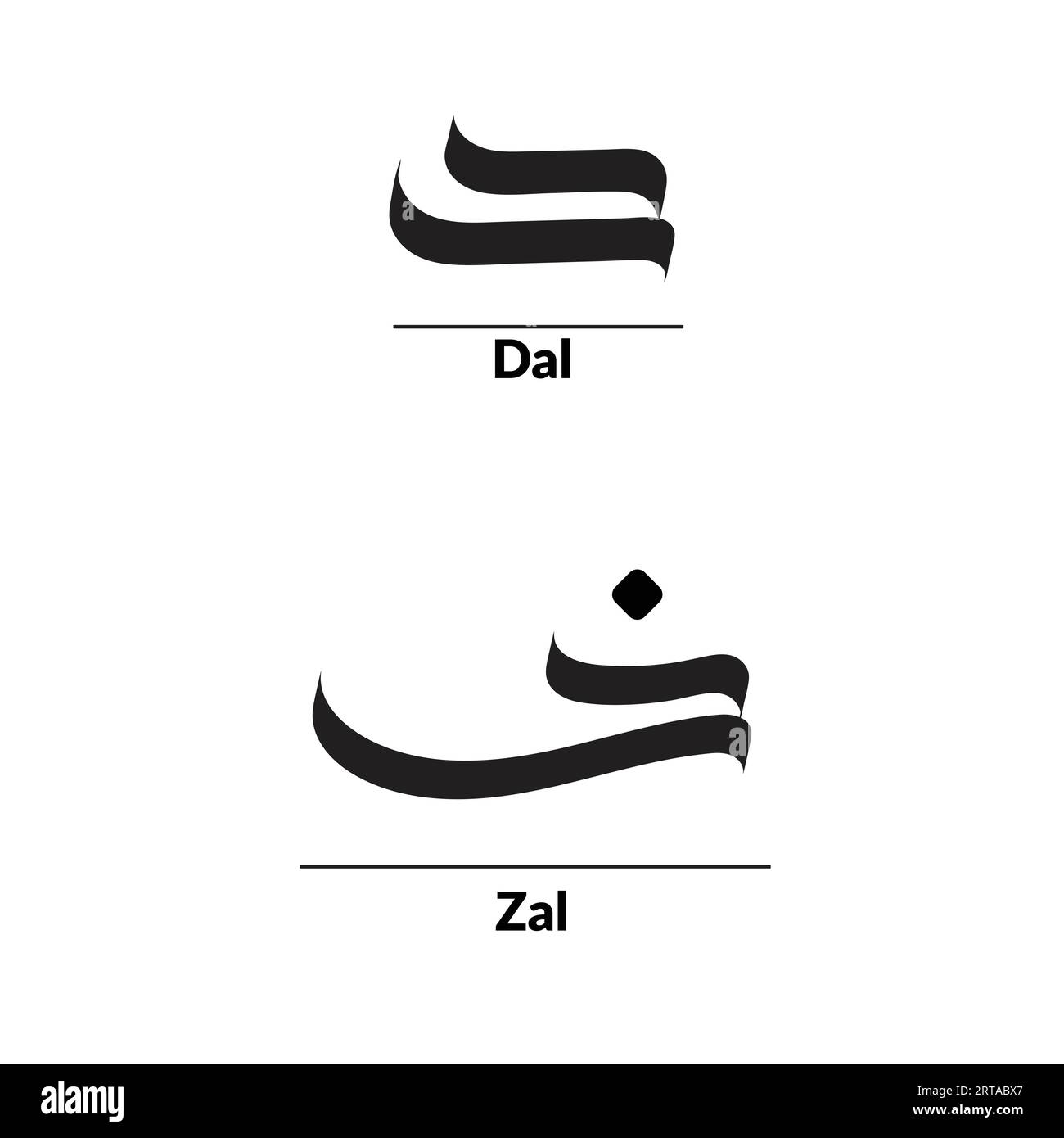 Arabische Kalligraphie im Al-Saif-Stil, Alphabet Daal und Zal. Stock Vektor