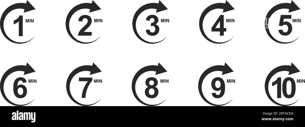 1, 2, 3, 4, 5, Symbole für 6, 7, 8, 9, 10 Minuten mit Kreispfeilen. Stoppuhrsymbole. Countdown-Zeichen. Sport- oder Kochzeitgeber. Piktogramme für Lieferung, Frist und Dauer. Vektorgrafik Stock Vektor