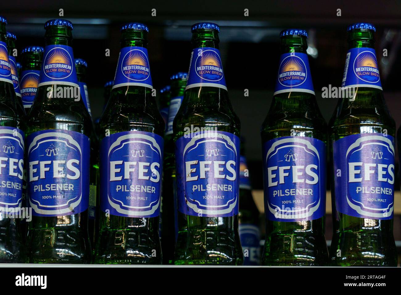 Tjumen, Russland-9. August 2023: Efes alkoholisches Dosenbier auf dem Regal. Efes Company mit Hauptsitz in Istanbul, Türkei Stockfoto