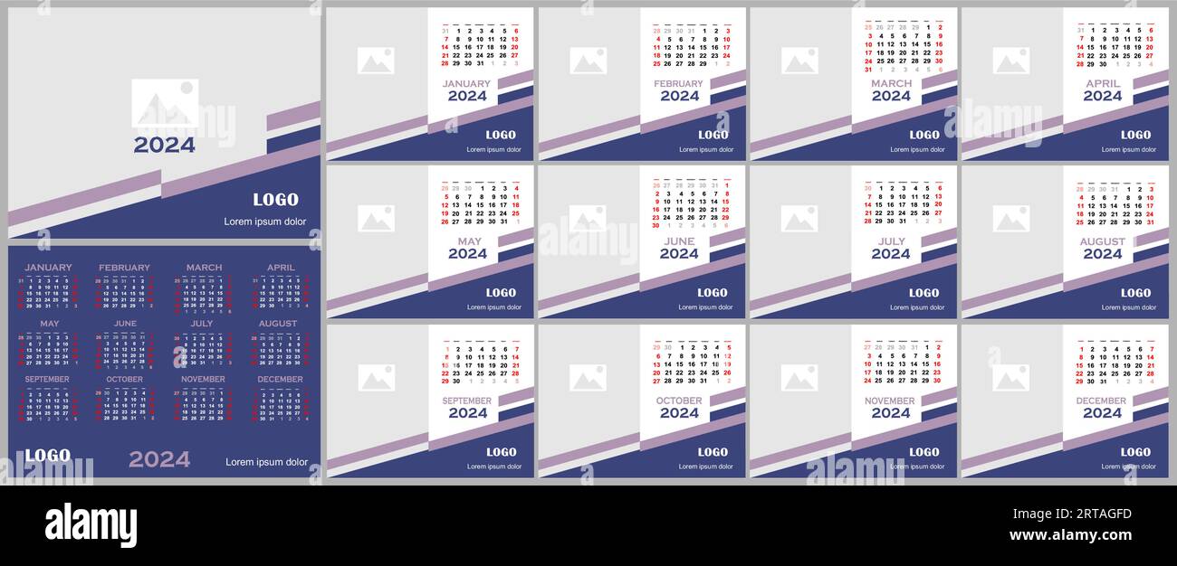 Monatliche Kalendervorlage für 2024-Jahres-Vektor. Stock Vektor