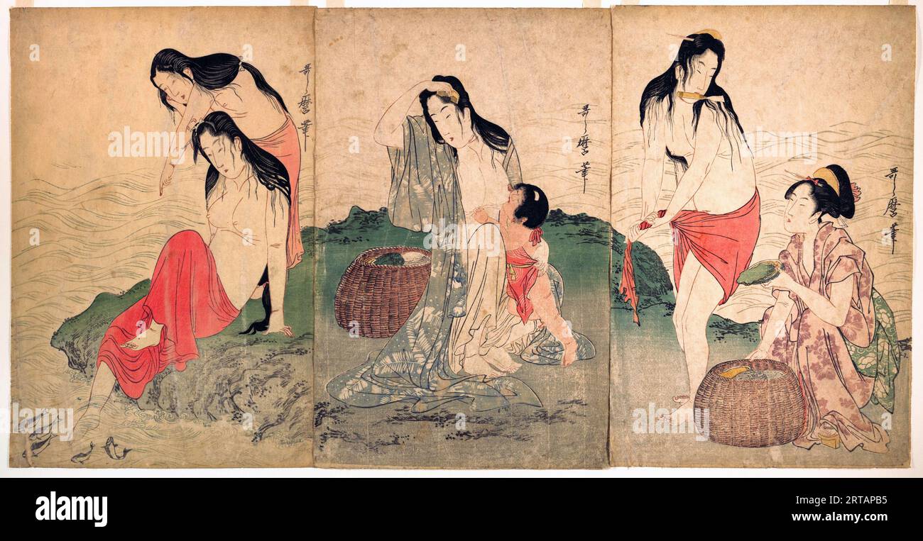 Japan: „Abalone Divers / The Abalone Fisherwomen“. Ukiyo-e Holzschnitt Triptychon von Kitagawa Utamaro (ca. 1753 - 31. Oktober 1806), ca. 1797-1798. Der Titel scheint ein doppeltes Hauptwerk zu sein, da nur wenige "Abalone Divers" sich wie diese "Bijin"-Schönheiten gekleidet hätten, geschweige denn ausgesehen hätten. Kitagawa Utamaro war ein japanischer Druckgrafiker und Maler, der als einer der größten Künstler von Holzschnitten (ukiyo-e) gilt. Bekannt ist er vor allem für seine meisterhaft komponierten Studien über Frauen, bekannt als Bijinga. Er schuf auch Naturstudien, insbesondere illustrierte Bücher über Insekten. Stockfoto