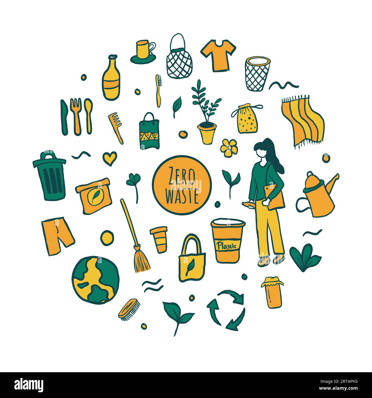 Vektorillustration des Zero Waste Konzepts. Von Hand gezeichnete Doodle-Symbole. Stock Vektor