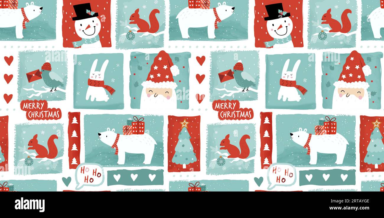 Schönes nahtloses weihnachtsmuster, niedliche Zeichen und Dekoration, ideal zum Einwickeln von Papier, Textilien, Bannern, Tapeten - Vektordesign Stock Vektor