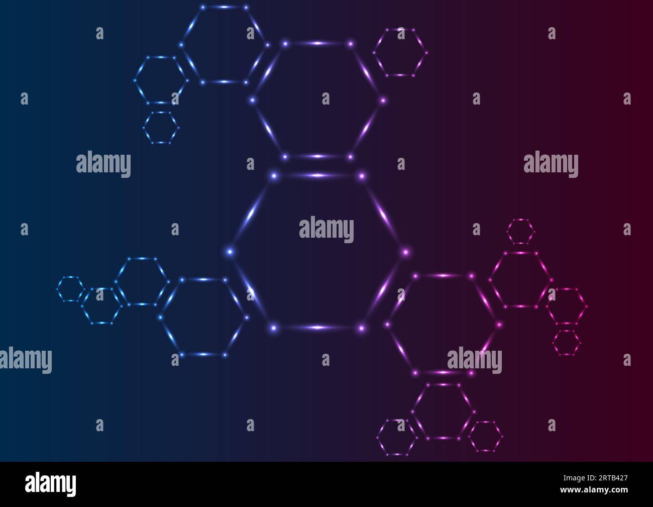 Dunkelblau und violett Neon abstrakte Sechseckmoleküle technischer Hintergrund. Vektormedizintechnikdesign Stock Vektor