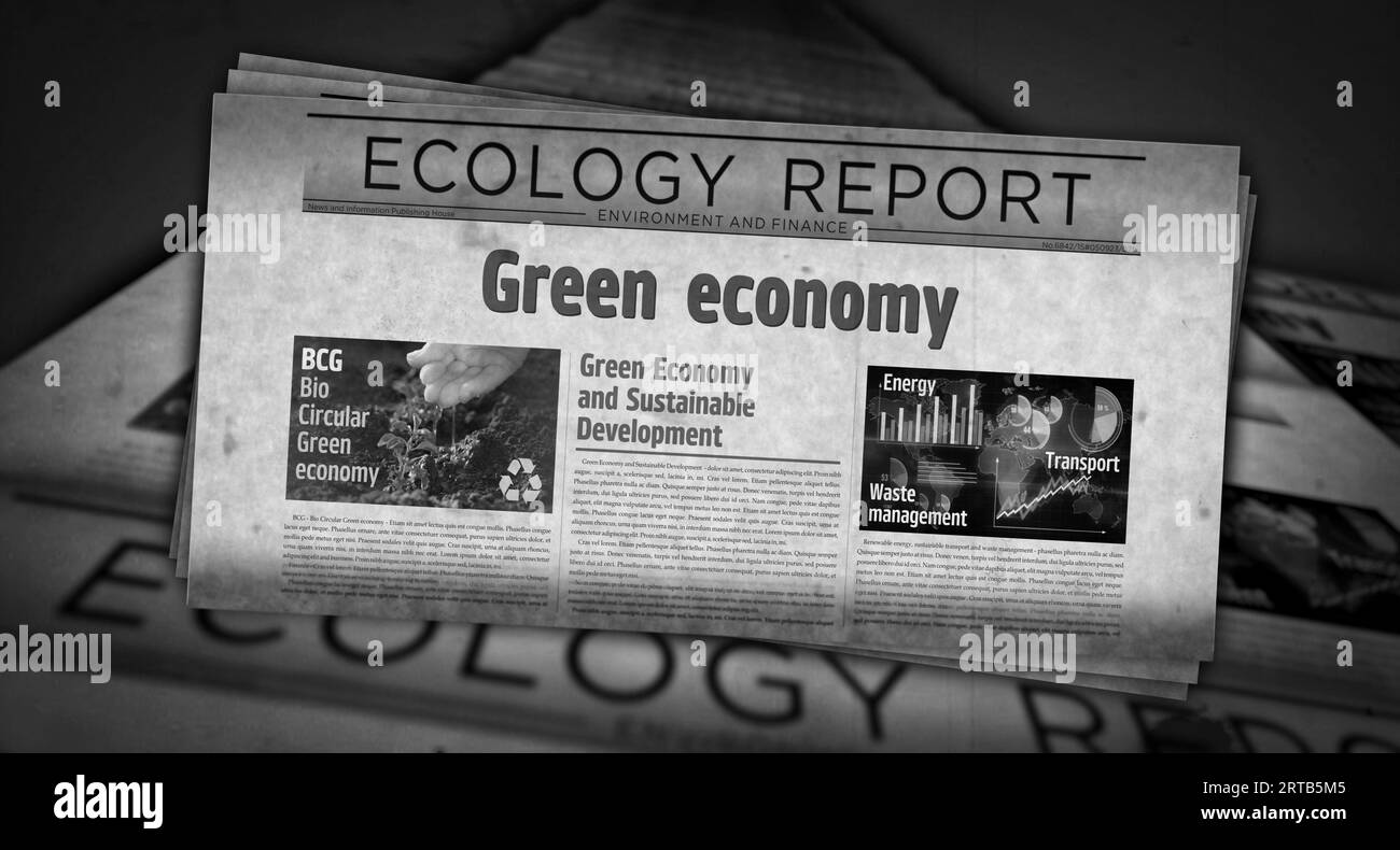Grüne Wirtschaft Bio-Kreislaufwirtschaft und umweltfreundliche Wirtschaft Vintage-Nachrichten und Zeitungsdruck. Abstraktes Konzept Retro-Überschriften 3D-Illustration. Stockfoto