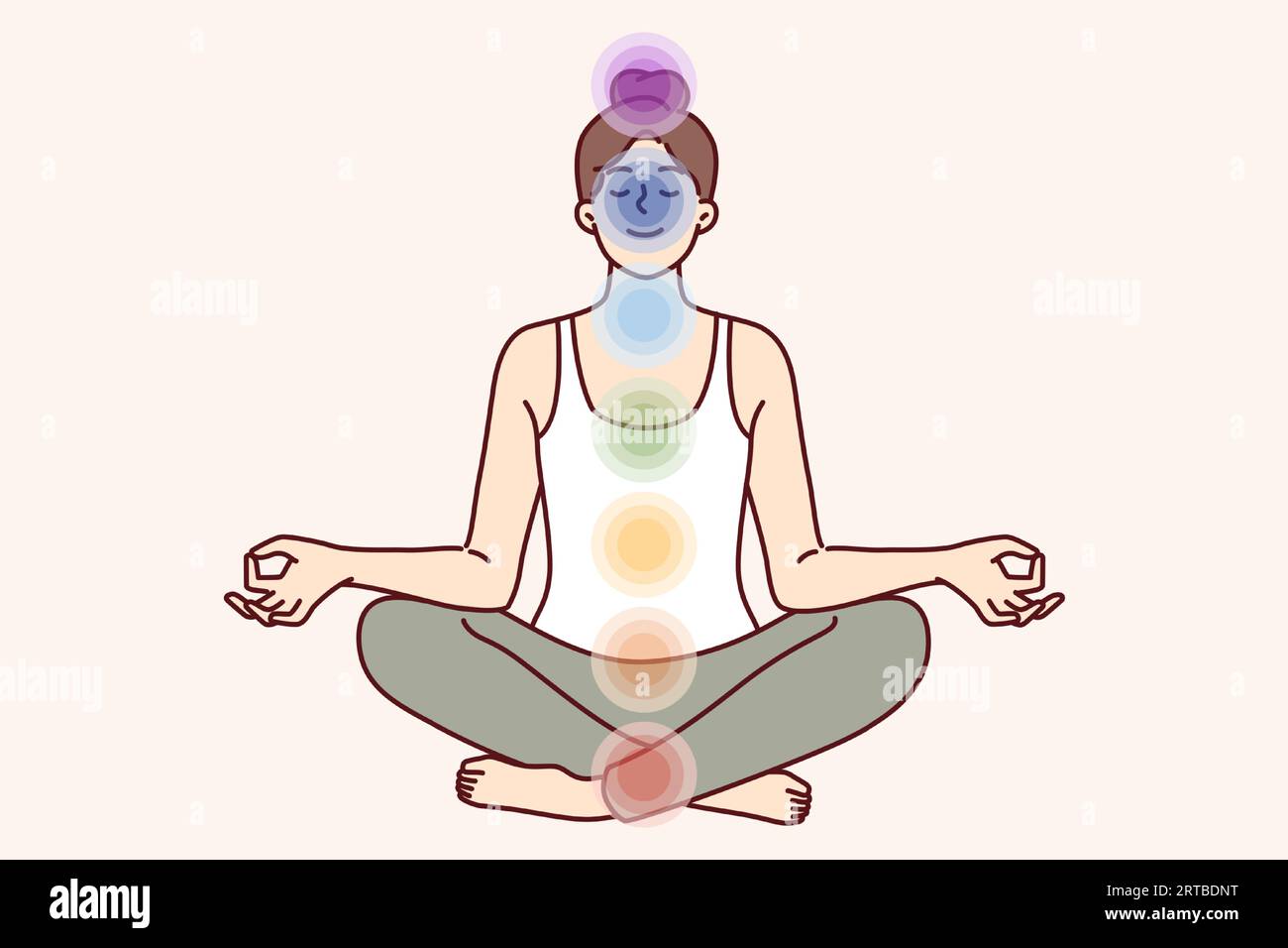 Meditierende Frau sitzt in Lotusposition und macht Yoga, spürt Veränderungen in der Aura und schwingt Vitalität. Mädchen verwendet Yoga-Praktiken, um sieben Chakren zu öffnen, die Gesundheit und psychischen Zustand beeinflussen Stock Vektor