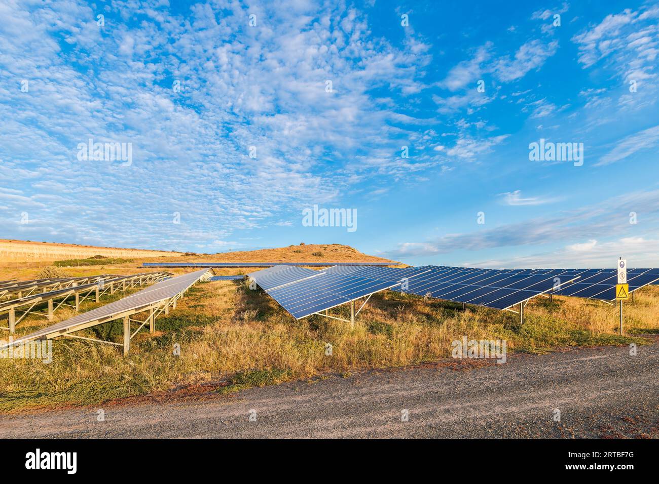 Solarpaneelfarm bei Sonnenuntergang in Adelaide, South Australia Stockfoto