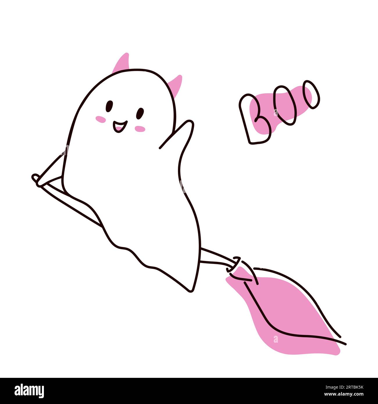 Halloween-Geist mit fliegendem Besen im Doodle-Stil. Vektorillustration isoliert auf weißem Hintergrund. Stock Vektor