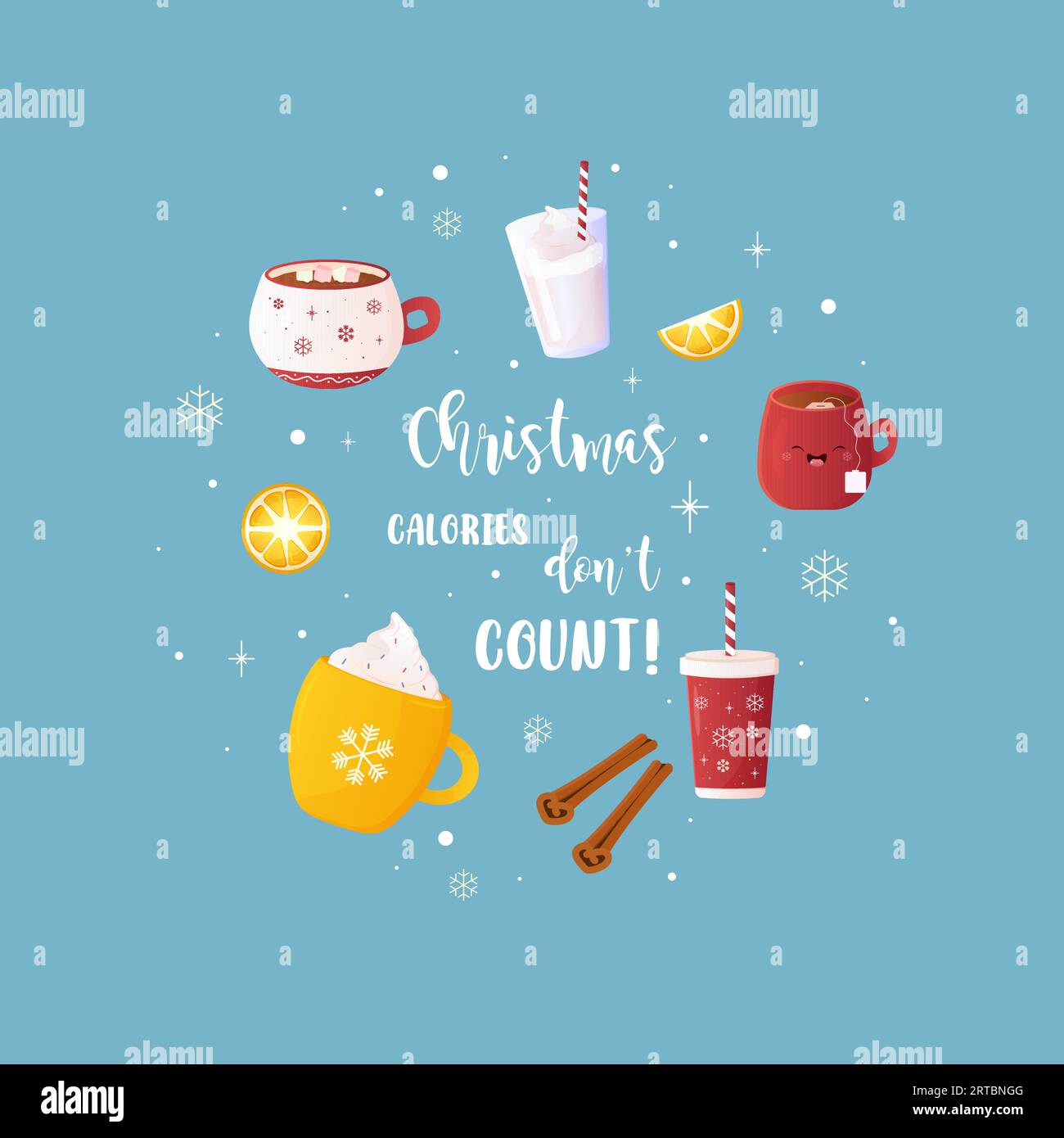 Neujahrskarte, Inschrift, Frohe Weihnachten mit Becher, Getränke, Winter. Vektorillustration Stock Vektor
