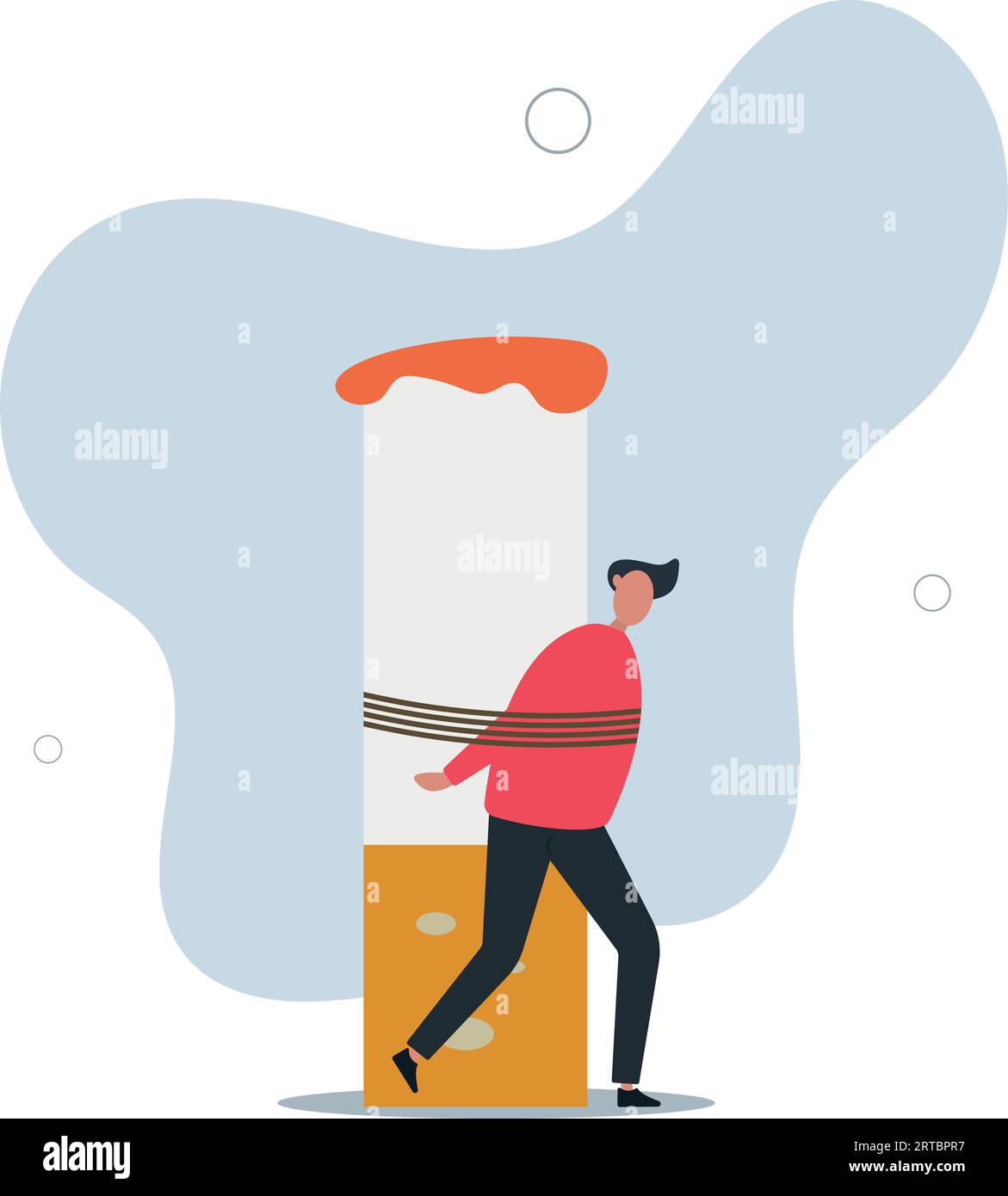 Der an eine Zigarette gefesselte Mensch definiert die Gefahren des Rauchens. Hör auf, ein Poster zu rauchen, um die Aufmerksamkeit zu wecken Rauchverbotsbanner.flache Vektor-Illustration. Stock Vektor