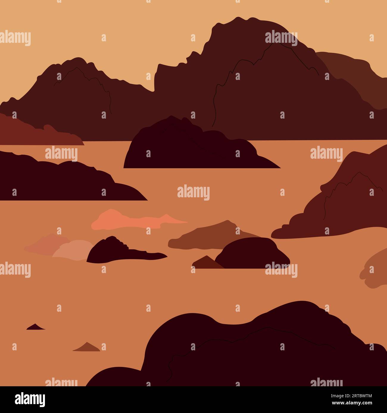Marslandschaft, außerirdischer Planetenhintergrund, rote Wüstenoberfläche mit Bergen. Mars außerirdischer Computerspielhintergrund, Zeichentrickvektor-Illustration. Stock Vektor
