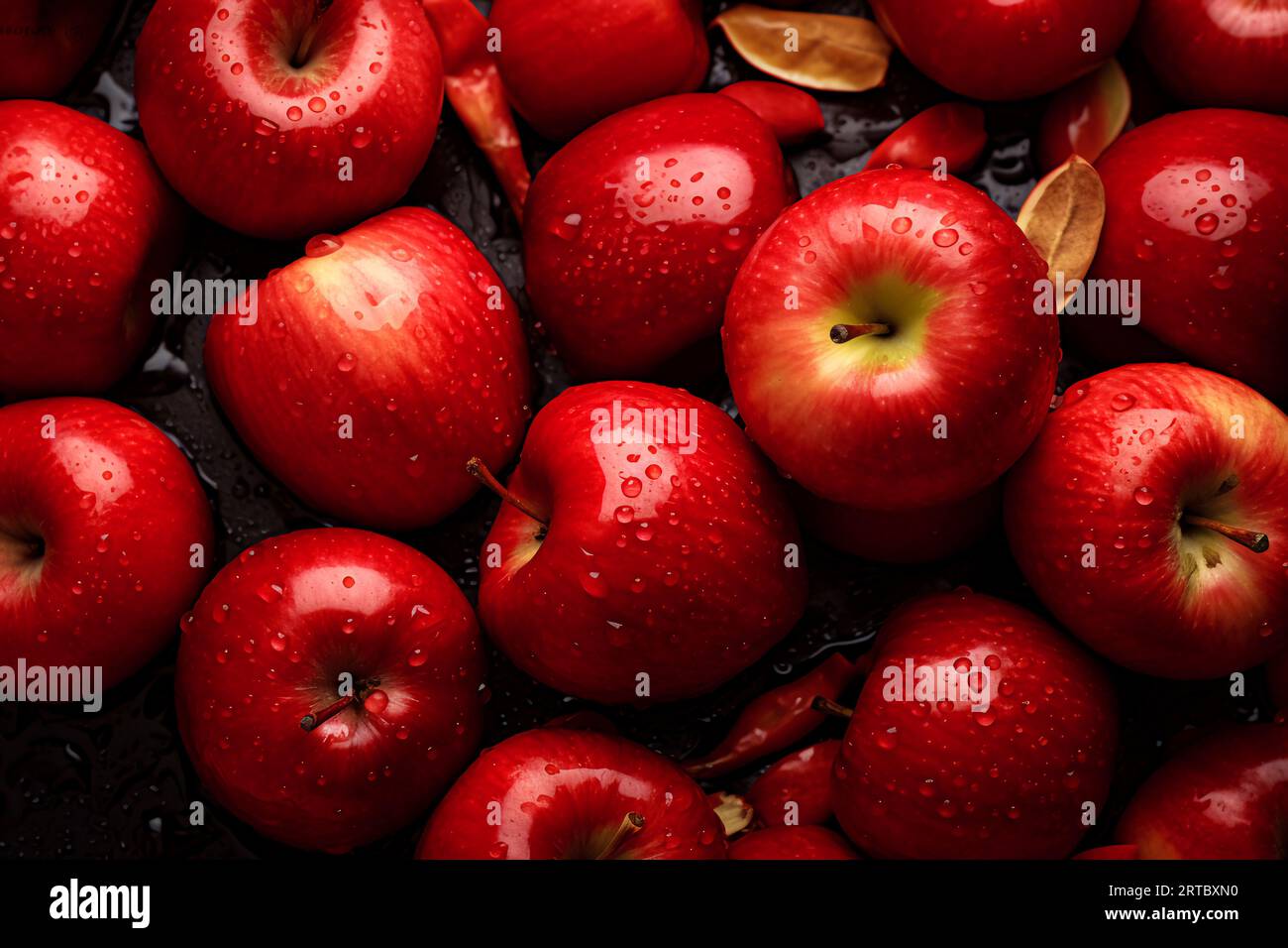 Diese Äpfel haben einen leuchtenden Rotton, ihre glatten Oberflächen sind mit zarten Wassertropfen verziert, die wie kleine Diamanten glitzern. Stockfoto