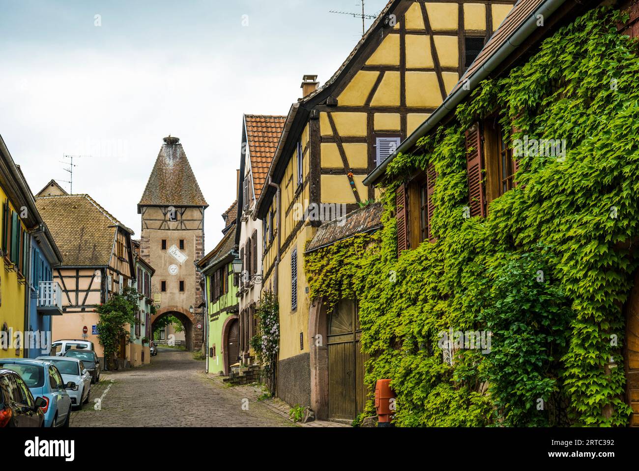 Mittelalterliche bunte Fachwerkhäuser, Ammerschwihr, Grand Est, Oberrhein, Elsass, Frankreich Stockfoto