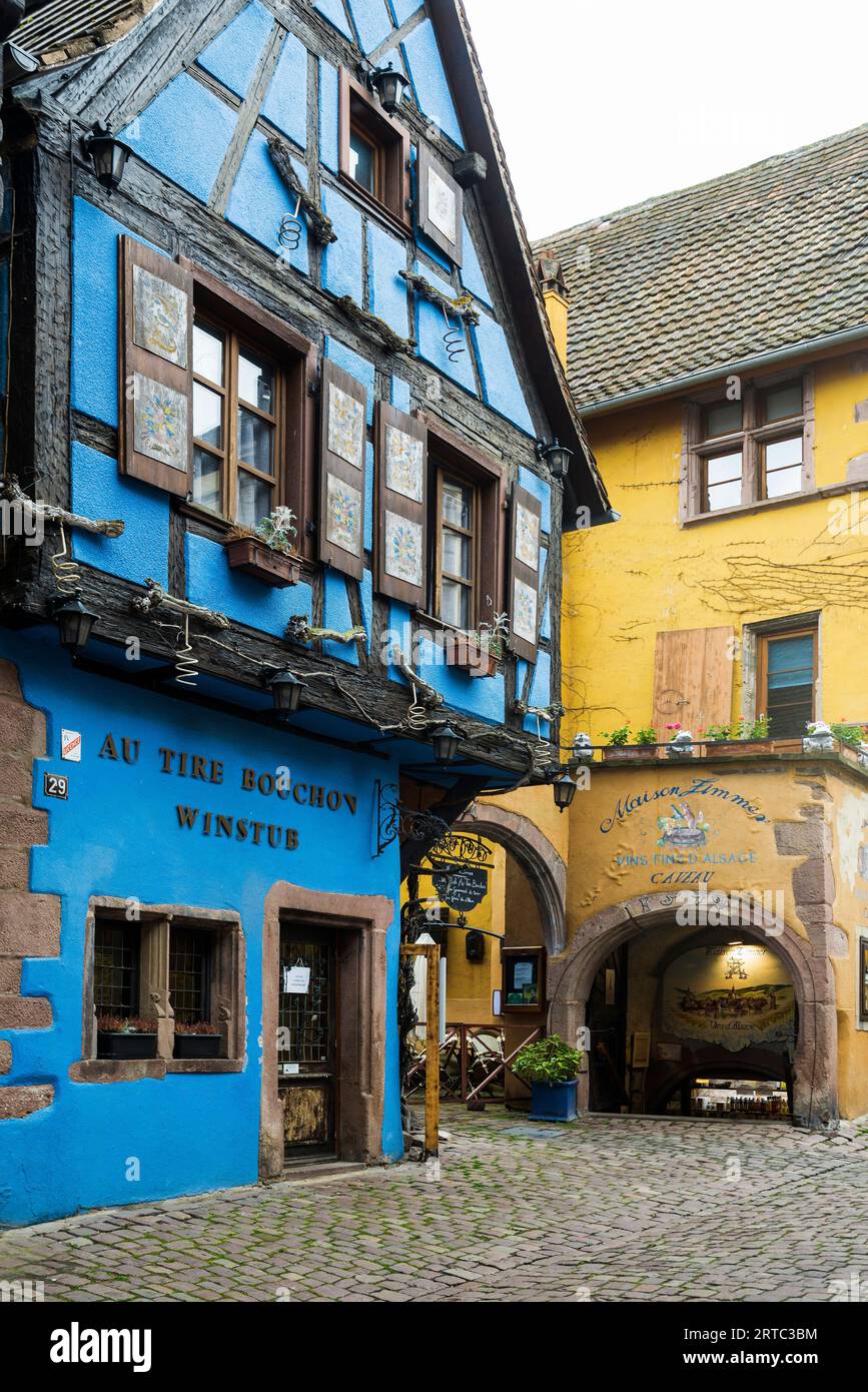 Mittelalterliche bunte Fachwerkhäuser, Riquewihr, Grand Est, Oberrhein, Elsass, Frankreich Stockfoto