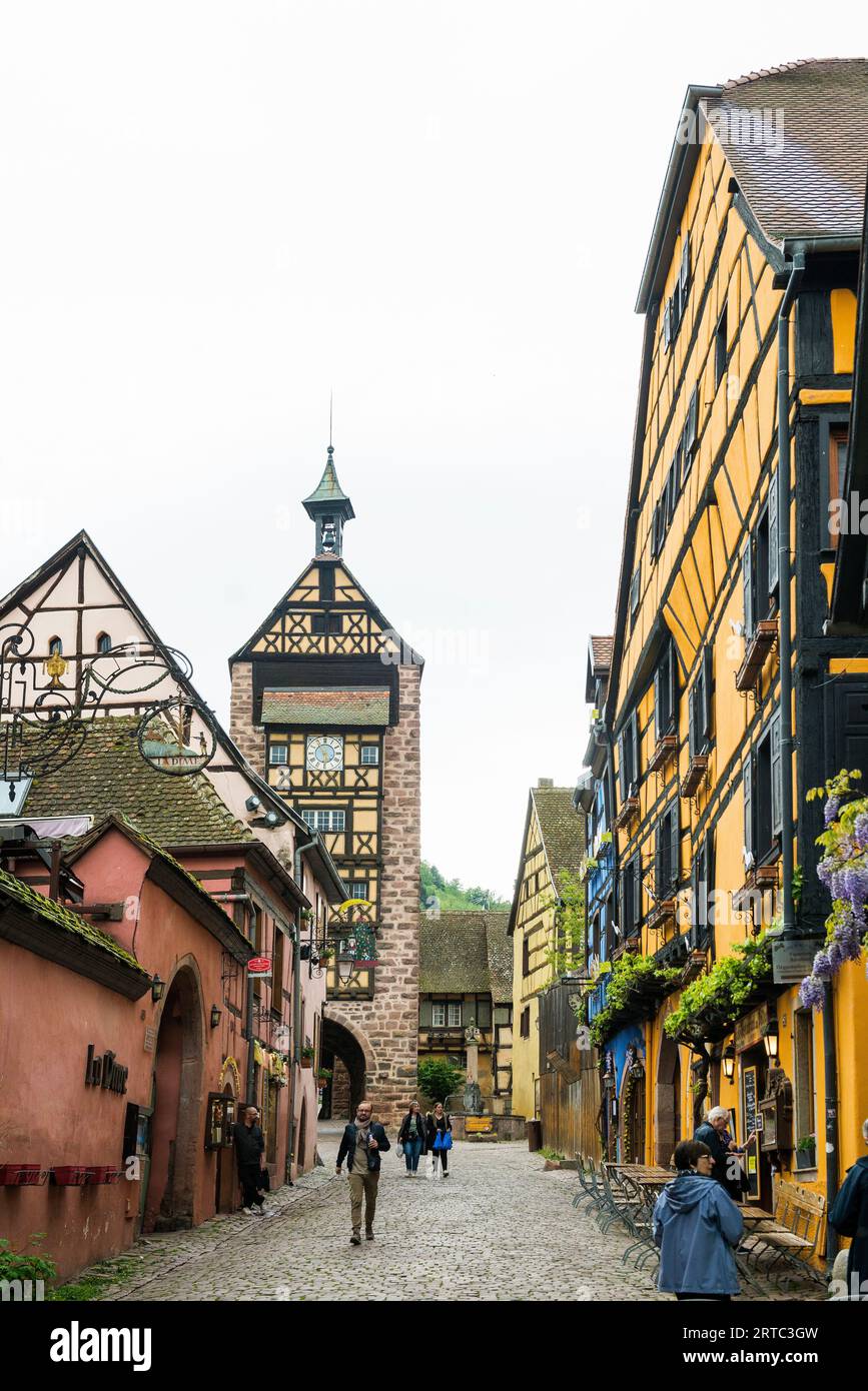 Mittelalterliche bunte Fachwerkhäuser, Riquewihr, Grand Est, Oberrhein, Elsass, Frankreich Stockfoto