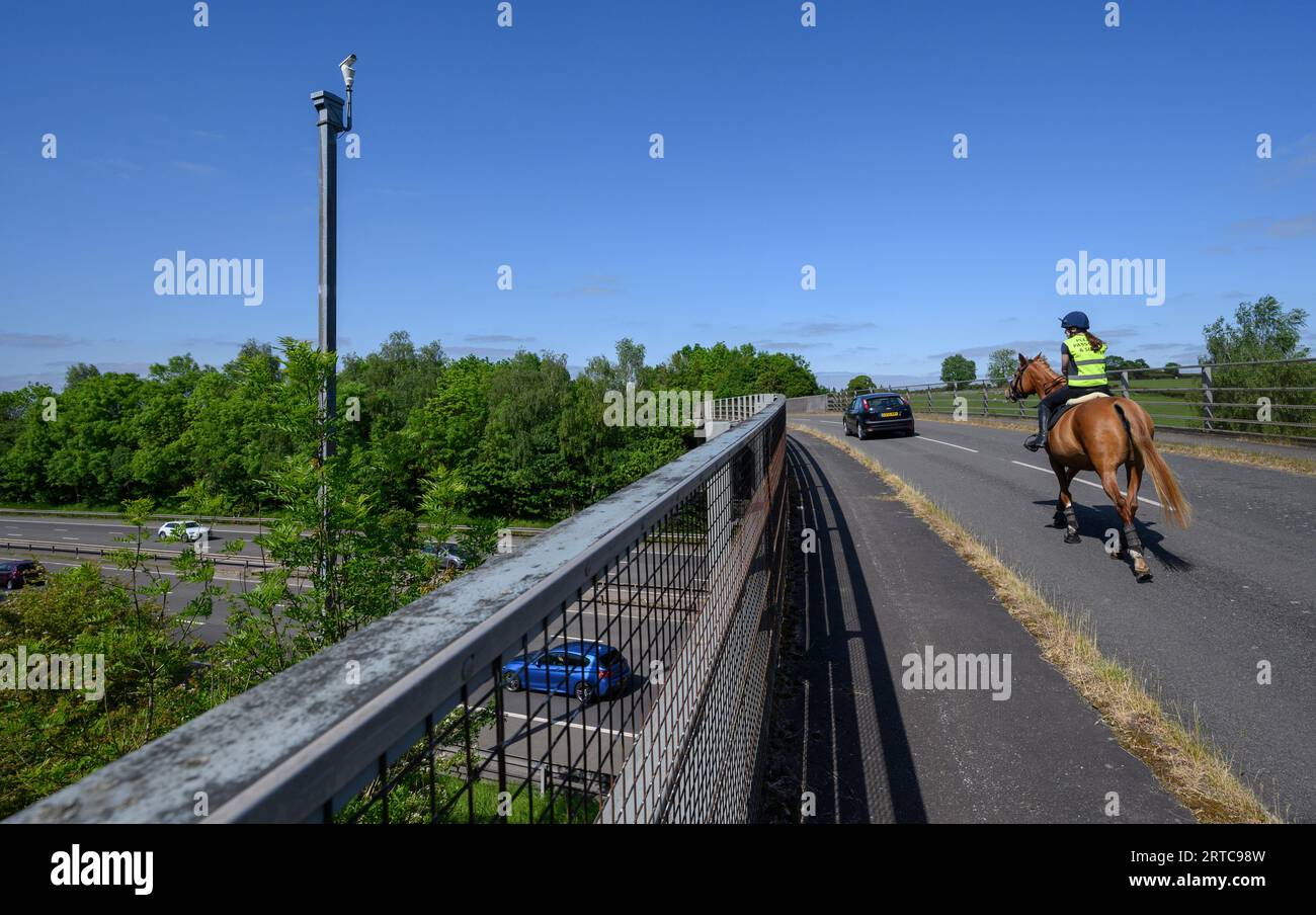 Auto, das Pferd und Reiter auf einer Straßenbrücke über die Autobahn M40 in Warwickshire, England, überquert. Stockfoto