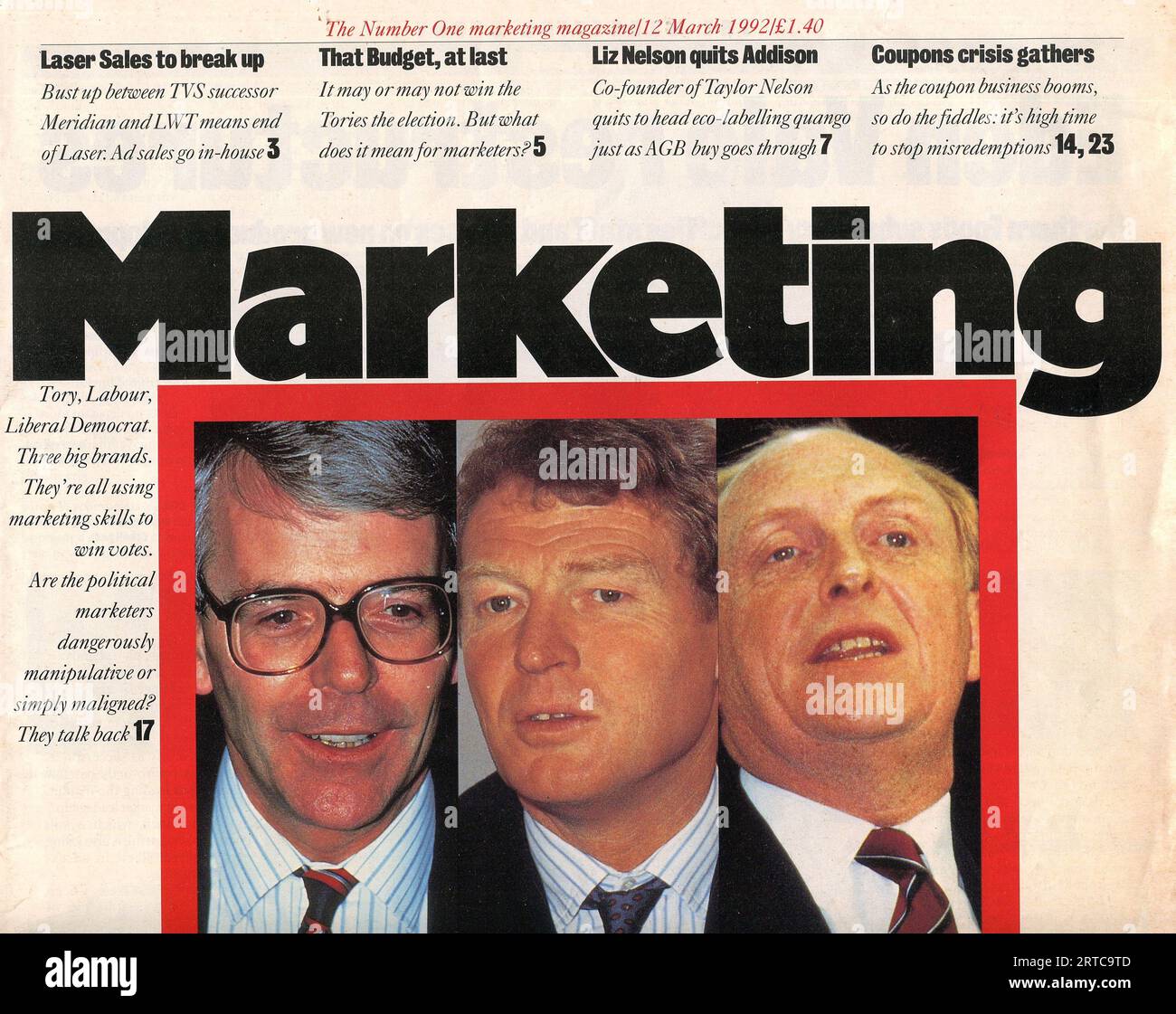 Archivkopie des britischen Fachmagazins Marketing, veröffentlicht am 12. März 1992. Die Zeitschrift wurde 1931 gegründet und stellte 2016 ihre Veröffentlichung ein. Stockfoto