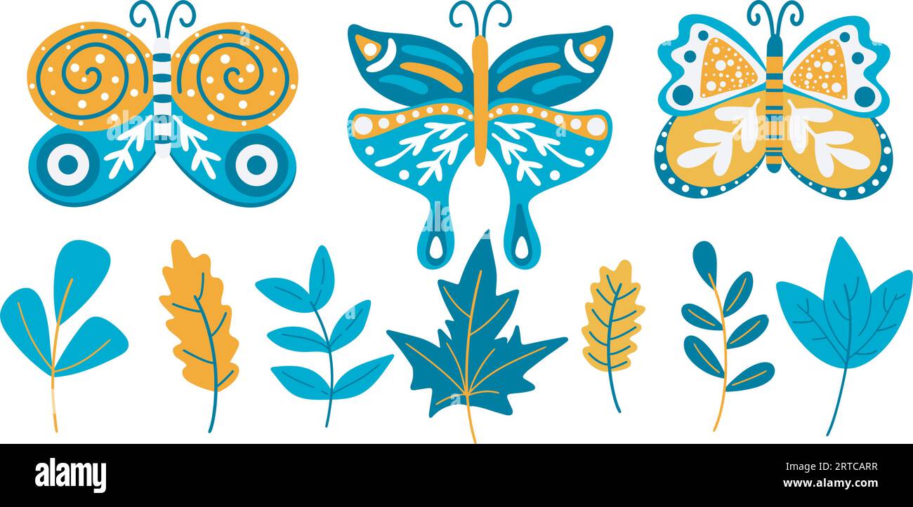 Schmetterlinge und Blätter einfaches handgezeichnetes Set. Falter und Laub-Clip-Art Elementsatz für Konstruktion, isolierte Vektorillustration Stock Vektor