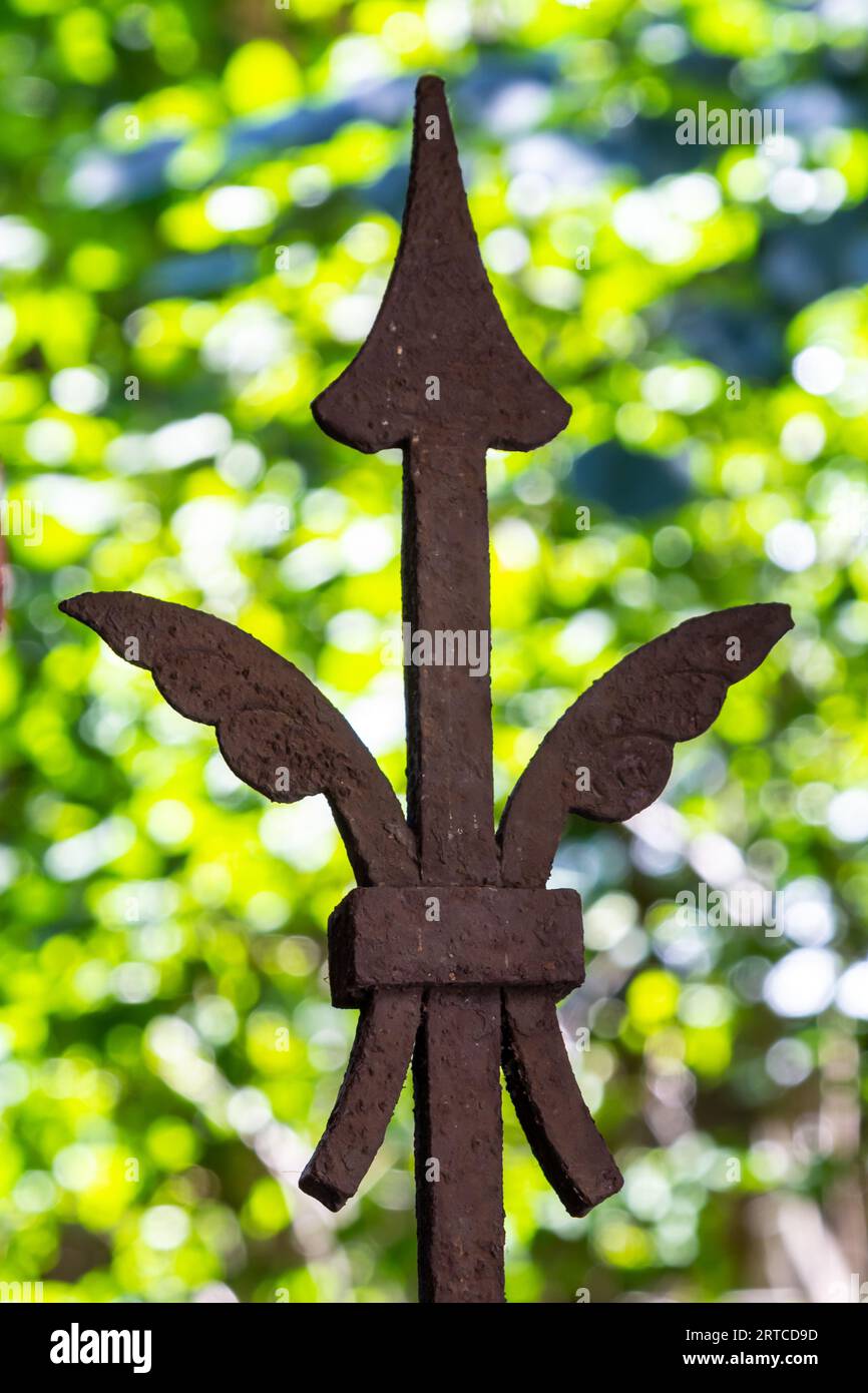 Eine alte, rostige, schmiedeeiserne Tordekoration, die jetzt mit Spinnweben auf einem verschwommenen grünen Hintergrund befestigt ist. Stockfoto